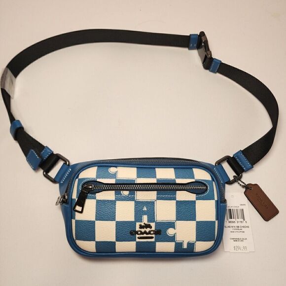 NWT Coach CR210 Elias Mini Belt Bag Checkerboard Sling Fanny Blue Jay Chalk - Picture 1 of 4